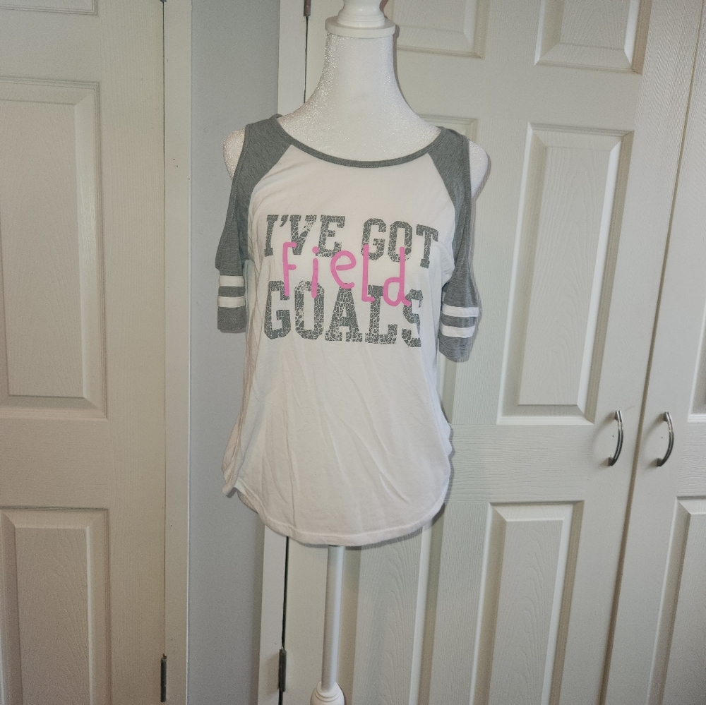 Cute Exposed Shoulder Short Sleeve Soccer Tee, Size Small